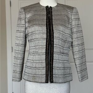 Kasper Black & White Striped Tweed Jacket with Chain Trim
